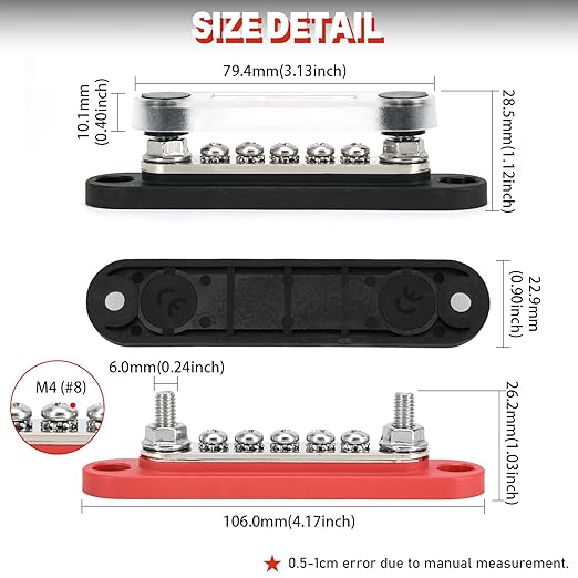 ZJTBLL 150A 12V Power Distribution Block with 2 x 1/4" (M6) Studs + 5 x M4 (#8) Screws Max 150A 48V DC 300V AC for Automotive Car Marine Truck Boat