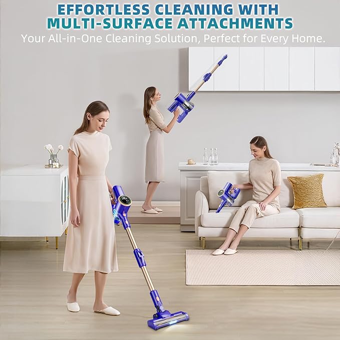 Cordless Vacuum Cleaner, 180Â° Bendable Wand Stick Vacuum Cleaners with LED Touch Screen, 8-in-1 Lightweight Rechargeable Vacuum with 1.5L Dust Cup for Home Hard Floor Low-Pile Carpet