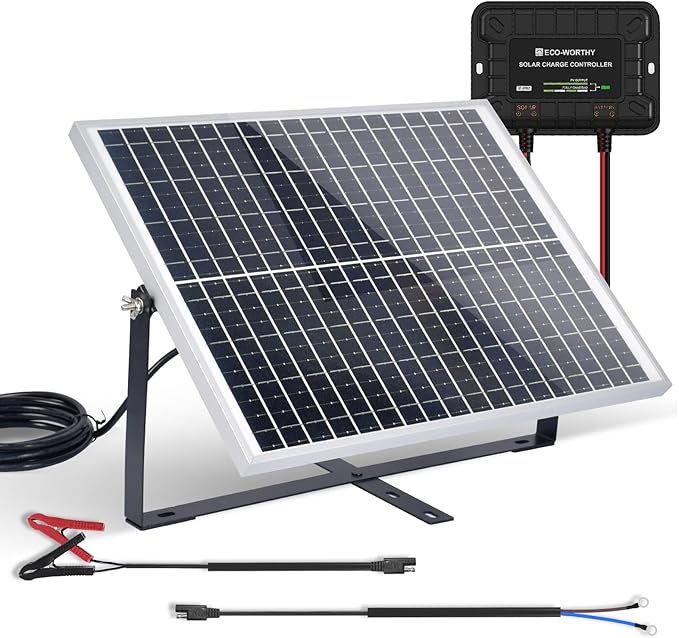 ECO-WORTHY Solar Panel Kit 25W 12V Solar Battery Charger Trickle Maintainer, 25W Solar Panel + Adjustable Mount Bracket + Upgrade Controller,for 12V Batteries Cars RV Boat Motorcycle Marine