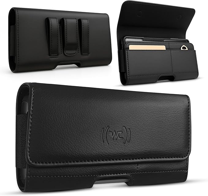 Wireless City Small Leather Phone Holster, Horizontal Belt Clip & Loop Pouch with Card Holder, Magnetic Closure, Fits iPhone 13 Mini/12 Mini/SE/X/8/7/6s