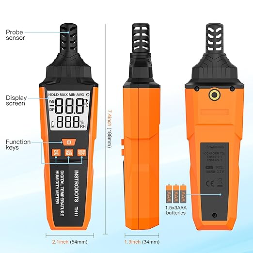 INSTRODOTS Temperature Humidity Meter, High Precision Digital Hygrometer with Ambient, Dew Point, Wet Bulb Temperature for Indoor Outdoor, Thermometer with Min/Max, Data Hold, LCD Backlight, TH11