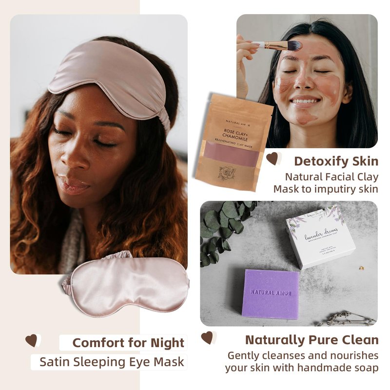 Natural Amor Handmade Bath Body Gift Set,6 pcs Self Care Gift for Women,Includes Soap Bar, Bath Bomb, Clay Mask, Candle- Thank you Gift for Pampering