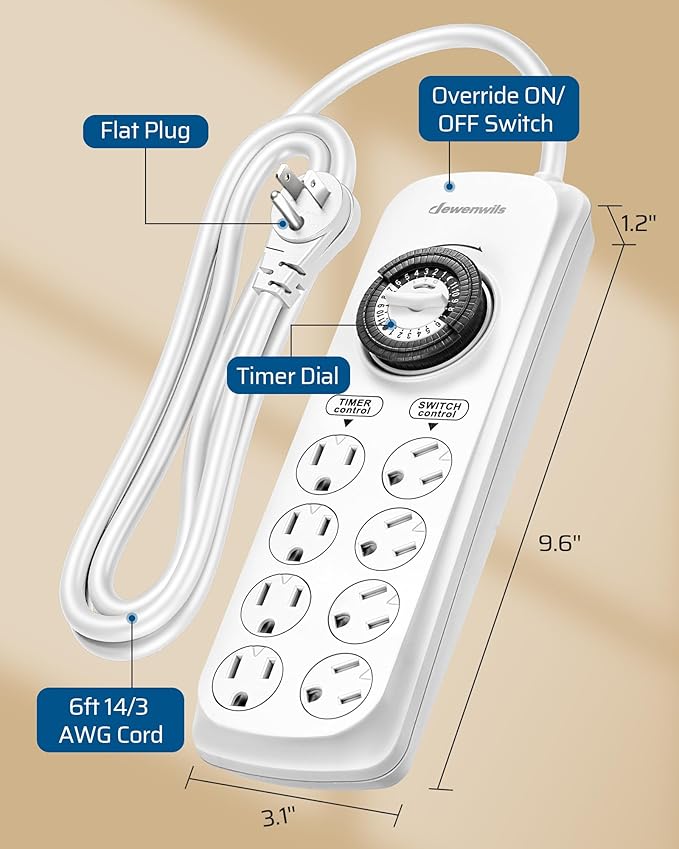 DEWENWILS Mechanical Power Strip with 8 Outlets, Flat Plug, 6ft Long Cord, Overload Protection, Indoor Controller for Bearded Dragon Tanks, Aquarium, Grow Lights, Plants, Reptile Light, UL Listed