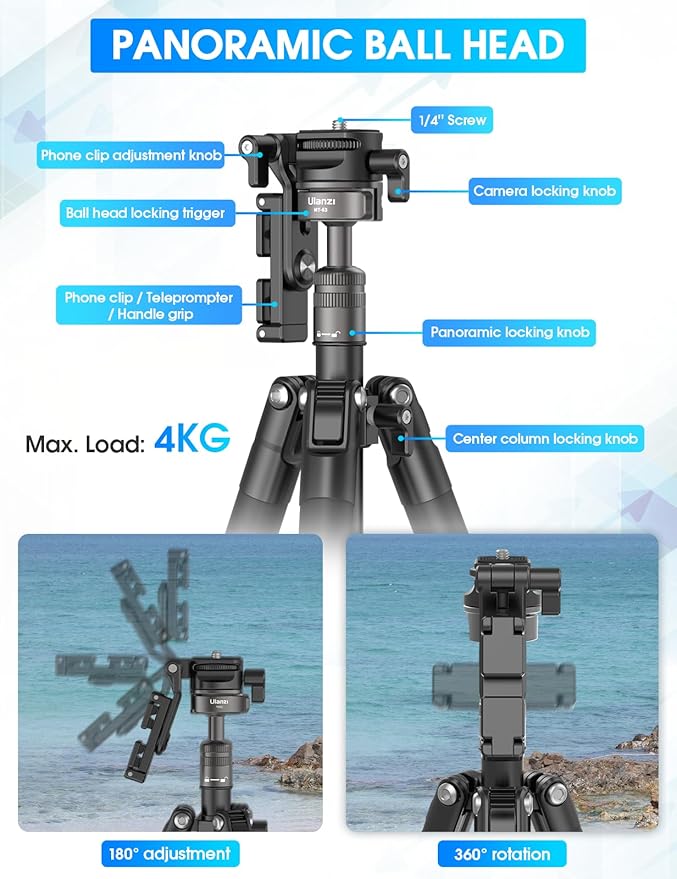 ULANZI MT-63 Portable Vlog Tripod, 57" Foldable Aluminum Alloy Extendable Camera Tripod with 2 in 1 Phone Clip, 360° Ball Head Travel Lightweight Tripod for iPhone/Android/Camera, Load 5KG/11LBS