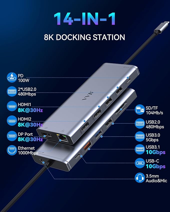Docking Station Dual Monitor for Dell/HP/Lenovo Laptop, 9 in 1 HDMI Adapter Docking Station USB C Hub Multiple Adapter with 2 HDMI+8K DP+10G USB A/C+100W PD+Ethernet+SD/TF+Audio for iPhone 15