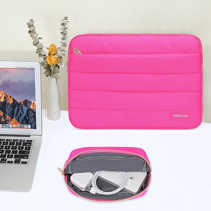 MOSISO Laptop Case 13.3 inch,13-13.3 inch Puffy Laptop Sleeve Compatible with MacBook Neo/Air 13.6 M5 M4 M3 M2 M1/Pro 13/14,HP Dell ASUS Lenovo,Polyester Horizontal Bag with Small Case, Rose Red