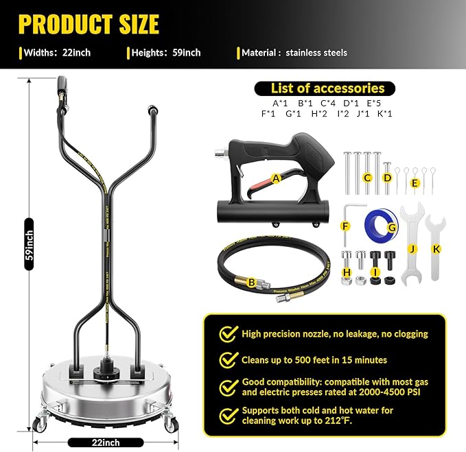 22 Inch Pressure Washer Surface Cleaner with 4 Wheels,Dual Handle,Stainless Steel Housing,4500 PSI Power Washer Accessory for Concrete, Patio, Sidewalk, Deck, Driveways and Daily Washing