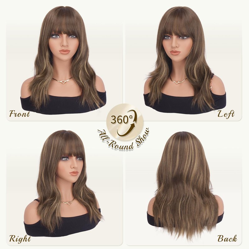Haloo Brown Wigs with Bangs - 19 Inch Natural Wavy Synthetic Heat Resistant Medium Length Hair Wigs for Women Daily Party, Blonde Mixed Brown
