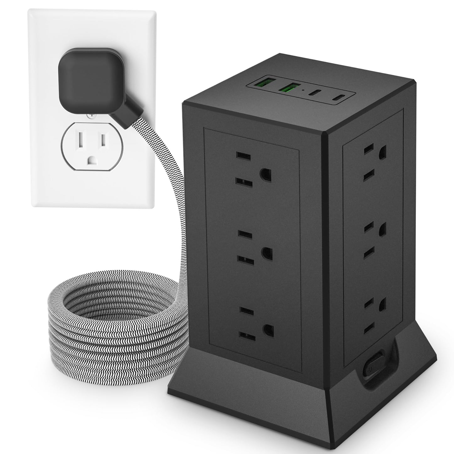 Power Strip Tower with Multiple Outlets 16.5 Ft Extension Cord Flat Plug with 12 AC Outlets 4 USB Ports (2 USB C), Power Tower Surge Protector with Individual Switches for Home Office Dorm Room, Black
