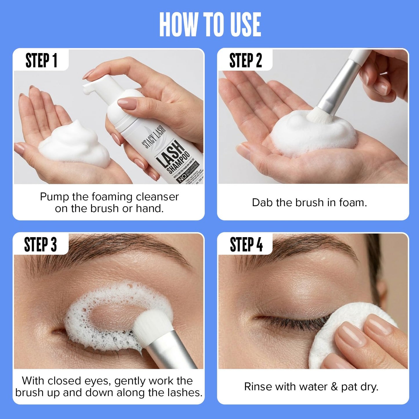 STACY LASH 6.76 fl.oz / 200ml Eyelash Extension Shampoo + Brush/Korean Makeup Remover/Eyelid Foaming Cleanser/Wash for Extensions & Natural Lashes/Supplies for Professional & Home Use