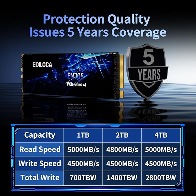 Ediloca 2TB SSD NVMe M.2 2280 PCIe Gen4 x4 Internal Solid State Drive - Up to 4800MB/s, 2TB SSD PS5 Dynamic SLC Cache, PS5 Compatible for Gaming PC Laptop(EN705)