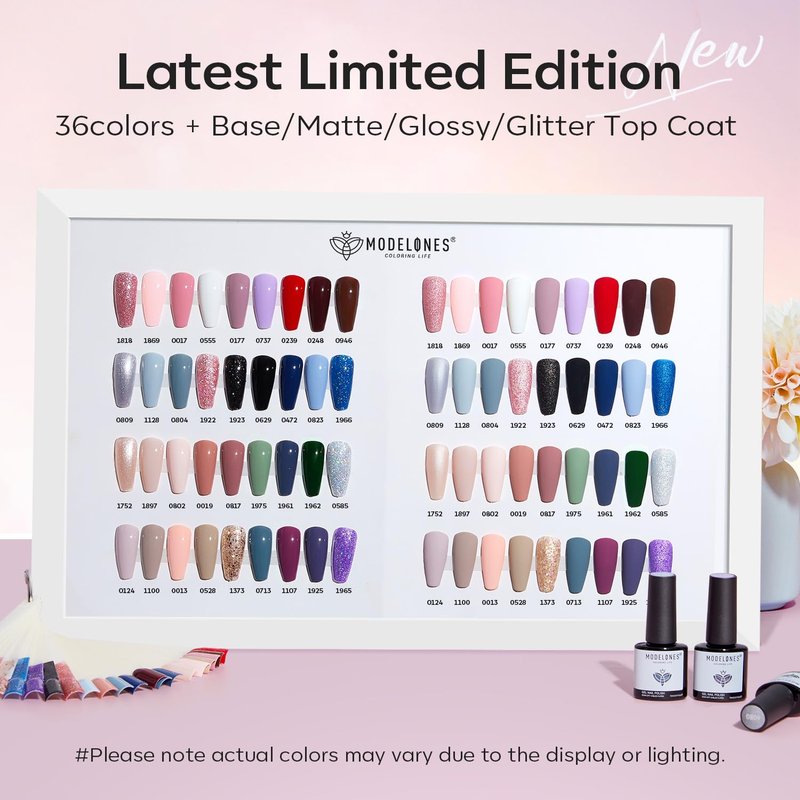 Modelones 40 Pcs Gel Nail Polish Set - 36 Colors for Fall/Winter | Nude, Brown, Burgundy, Red, Blue, Black, Glitter, Base & Top Coats