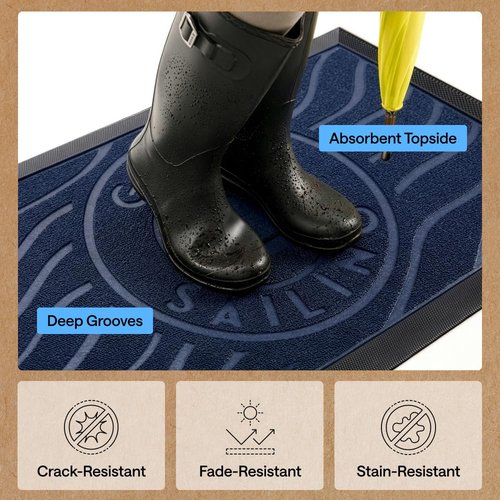 GORILLA GRIP 100% Waterproof All-Season WeatherMAX Doormat US Designed Natural Rubber, Stain and Fade Resistant, Low Profile Indoor Outdoor Door Mats, Easy Clean Patio Mat, 29x17, Blue Sailing