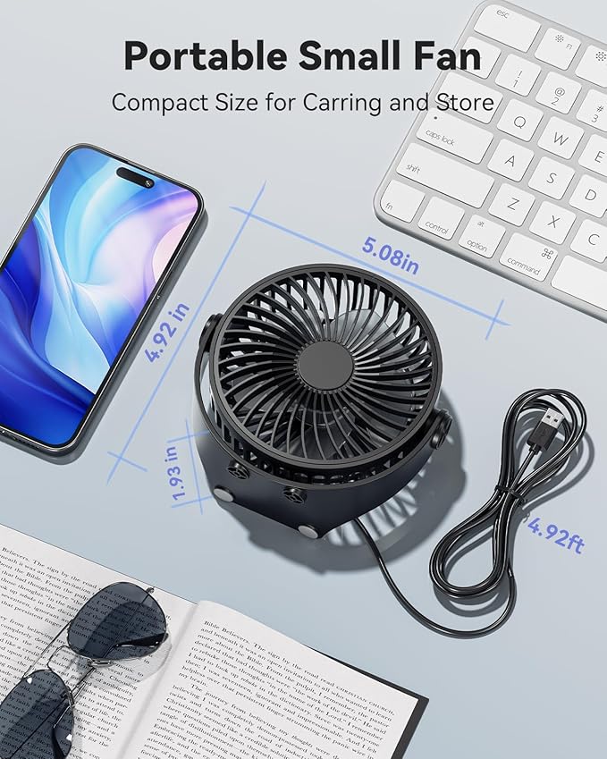 Edvision USB Desk Fan, 5 Inch Mini Portable, 3 Speeds Strong Airflow Personal Desktop, Detachable Cooling Fan 360° Rotation Quiet Small Fan for Desk Home Office Travel Car, Black, 5ft Cable
