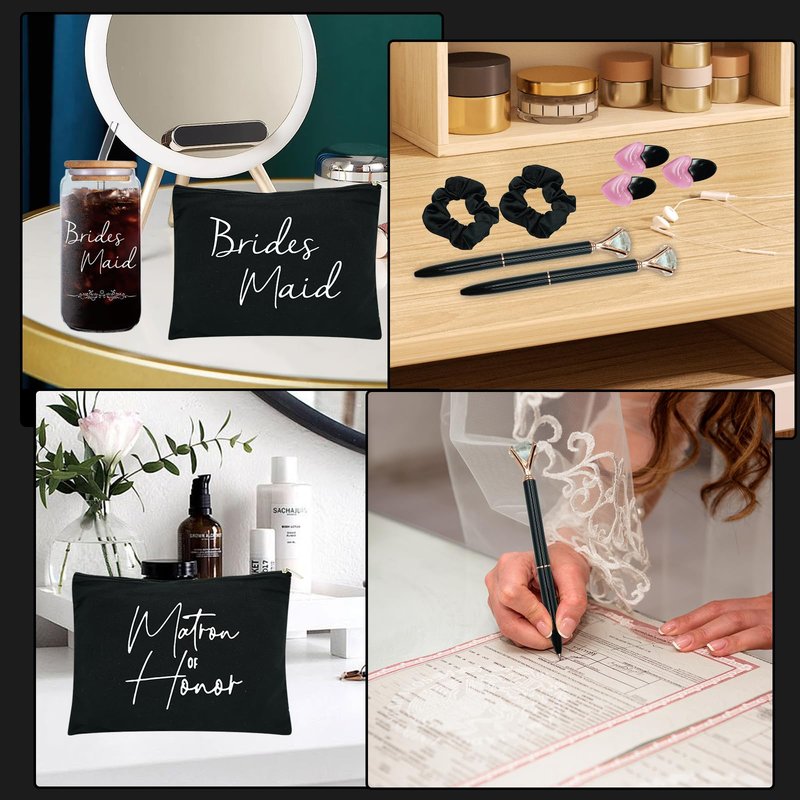 56 pcs Bridesmaid gifts bridesmaid proposal gifts, Maid of Honor Gifts contain 16oz Glass Cups Cosmetic Makeup Bags Invited Cards Scrunchies Hair Knotted Bracelets Diamond Pens love clip (Black)