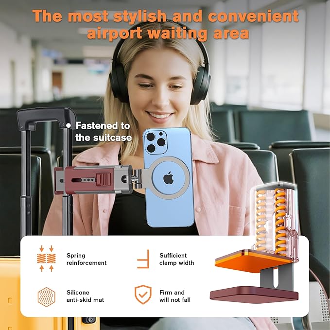 YAGHVEO Airplane Phone Holder Travel Essentials for Women,Magnetic Phone Holder for Plane Tray Table & Luggage Handle,Travel Sized 360° Rotation Foldable Desk Phone Stand for Long Flight Mother's Day