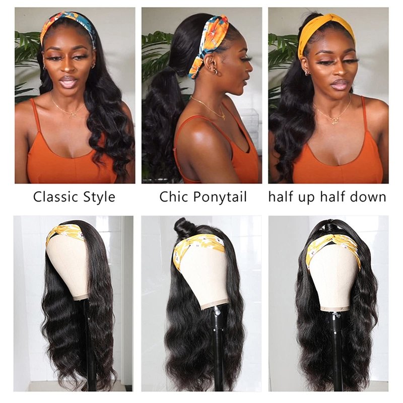 Headband Wigs for Black Women Human Hair Body Wave Headband Wig Human Hair 9A Brazilian Virgin Hair None Lace Front Wigs Human Hair Wear and Go Glueless Half Wigs 150% Density (14" Headband wigs)