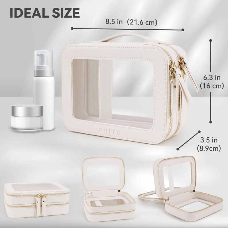 Prite Double Layer Makeup Bag for Women Portable Clear Makeup Bag Cute Waterproof Travel Cosmetic Bag with Gold Zipper for Car Essentials(Beige)