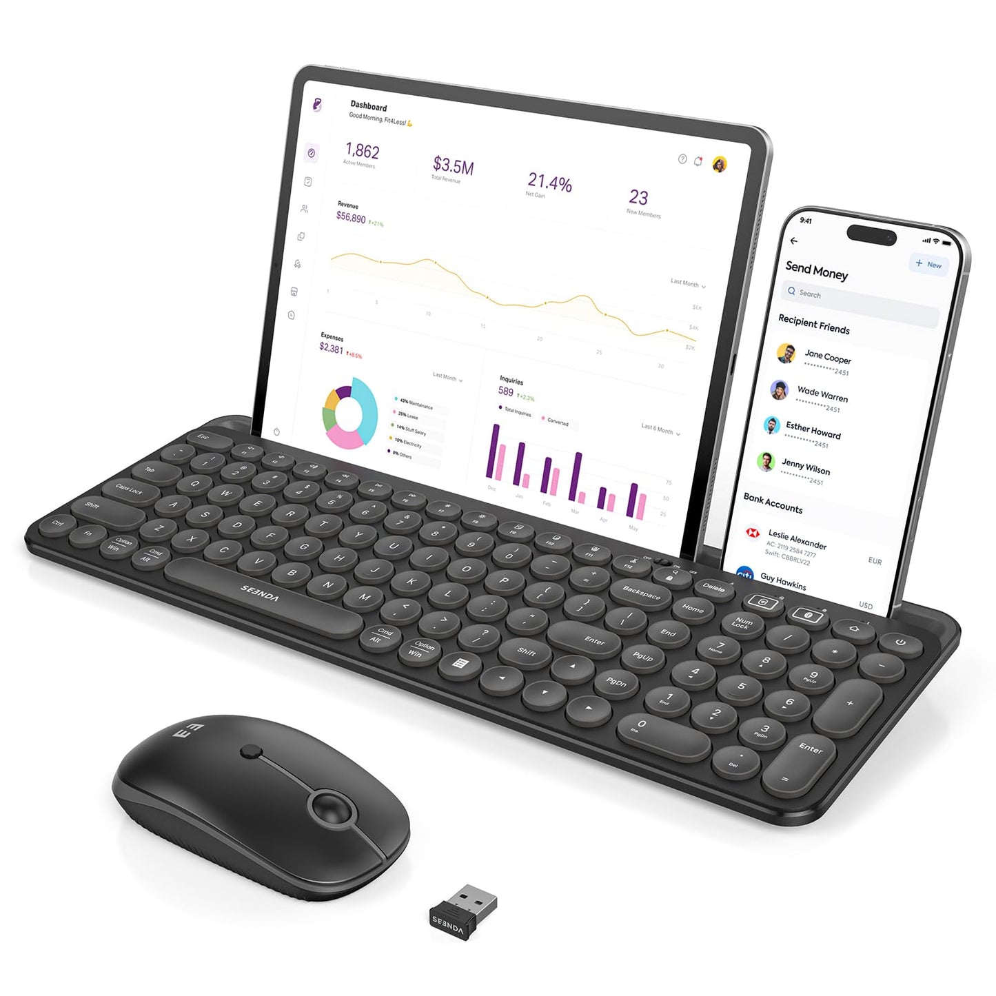 seenda Bluetooth Keyboard and Mouse for iPad, CTU-301 Wireless Multi-Device Connection Bluetooth+2.4G Keyboard Mouse Combo with Tablet Holder for iPad/MacBook/Windows, iOS/Android/Phone, Black