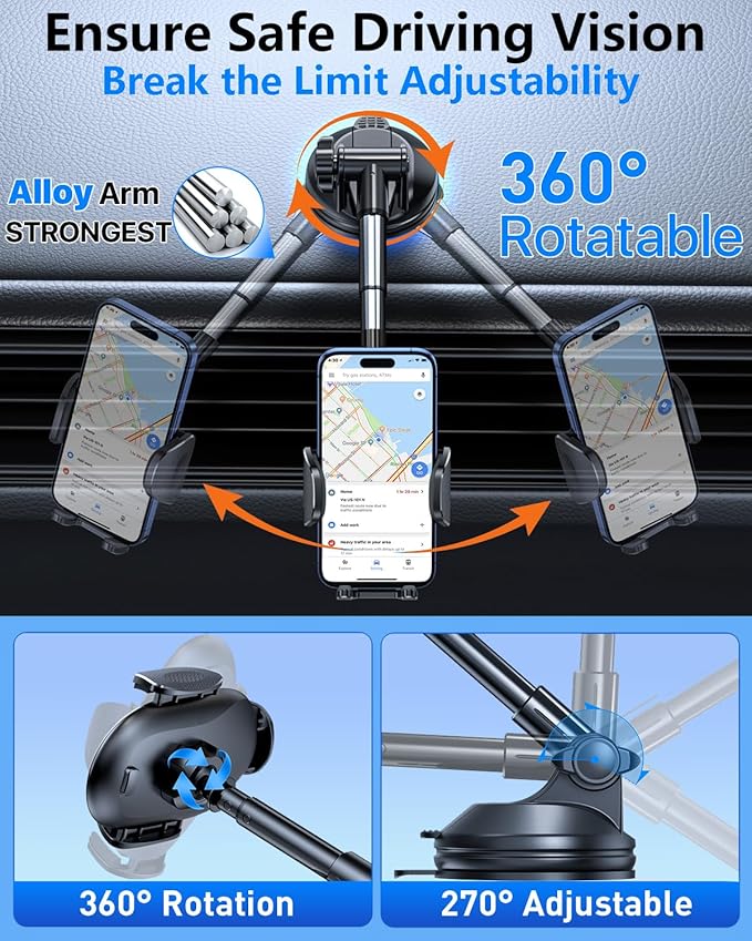 HTU 【Military-Grade Suction】 Cell Phone Holder for Car【Flexible Telescopic Arm】 Car Phone Mount Stand for Dashboard Windshield for iPhone 17 16 Pro Max 15 14 13 12 Samsung Truck Jeep, Dark Blue