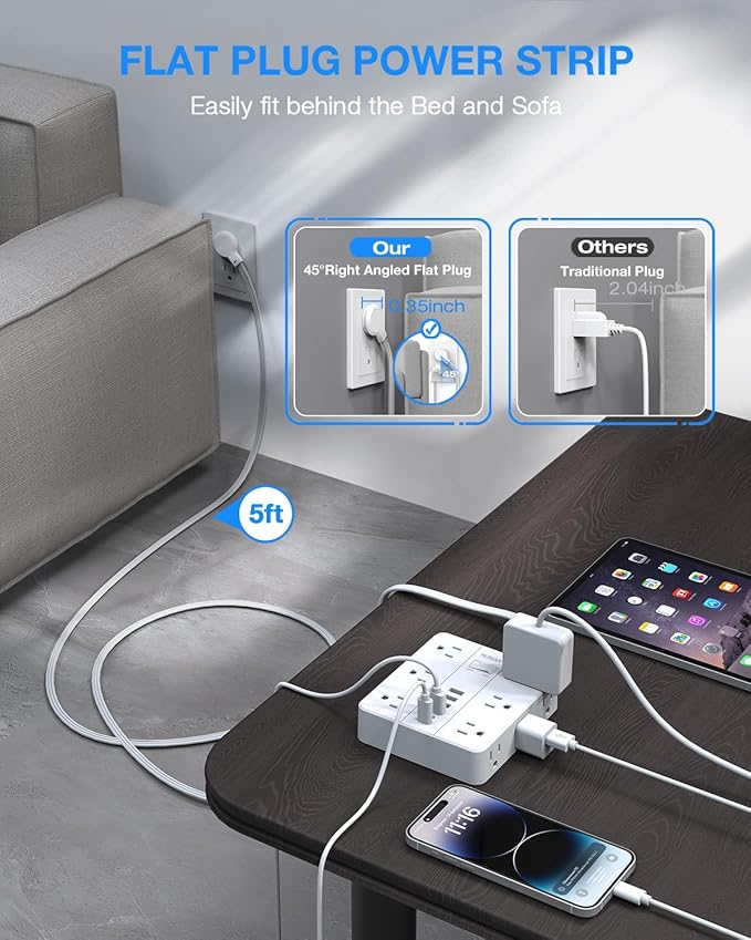Extension Cord 25 Ft, HUNIAN Flat Plug Power Strip, 12 Widely Spaced Outlets with 6 USB Charger (2 USB C Ports), Desk Charging Station for Home Office Supplies, Dorm Room, White