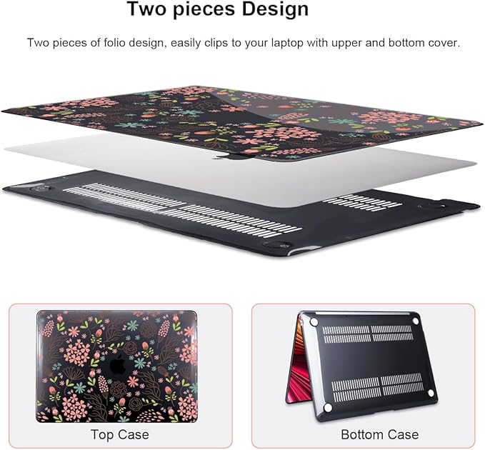 LCMOCICO for MacBook Air 13 inch Case 2021 2020 2019 2018 Release M1 A2337 A2179 A1932, Pritned Pattern Plastic Hard Case Cover for MacBook Air 13.3" Retina Display Touch ID, Seamless Flower Black