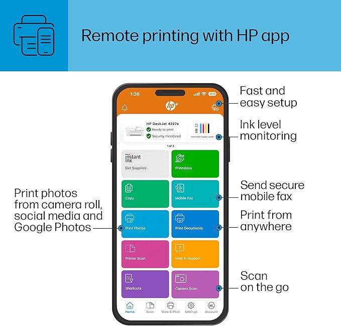 HP DeskJet 4227e Wireless All-in-One Color Inkjet Printer, Scanner, Copier, Best-for-Home, 3 Month Instant Ink Trial Included, AI-Enabled (6W7F0A)