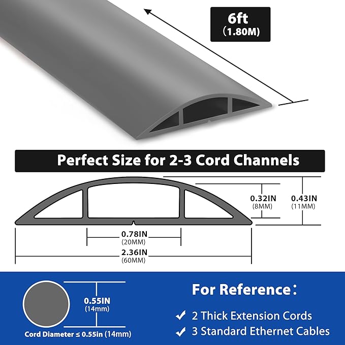LZEOY 6ft Cord Covers - Grey Floor Cable Management, Hide Cord Cover, Electrical Cable Hider - Cavity: 0.78" W x 0.32" H