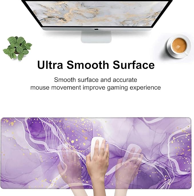 Watercolor Purple Marble Desk Mat,Large Violet Marble Texture Gaming Keyboard Mouse Pad,Non-Slip Rubber Base Desk Pad Thick Stitched Edges Waterproof Mousepad Mouse Mat 31.5"x11.8"