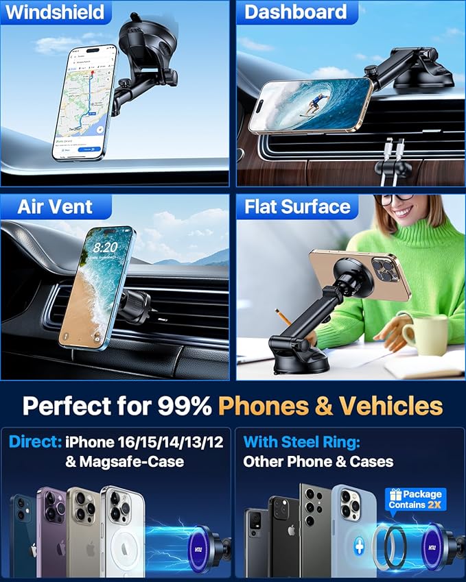 【Military-Grade】HTU for MagSafe Car Mount【Upgraded Strongest Suction】Magnetic Phone Holder Cell Stand for Dashboard Windshield Vent,Truck Cradle for iPhone 17 Pro Max 16 15 14 13 12 Tesla,Amparo Blue