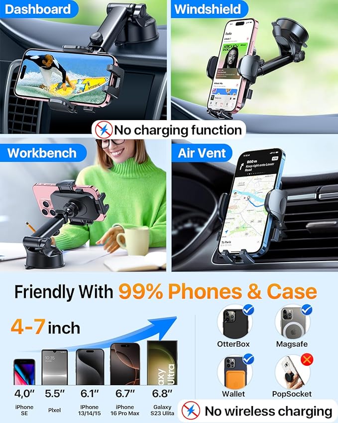 HTU Car Phone Holder【2026 Upgraded 100+LBS Suction & Safety Cert】 Cell Phone Car Mount for Truck Heavy Duty Phone Holder for Dashboard/Windshield/Vent for iPhone 17 16 Pro Max, Red
