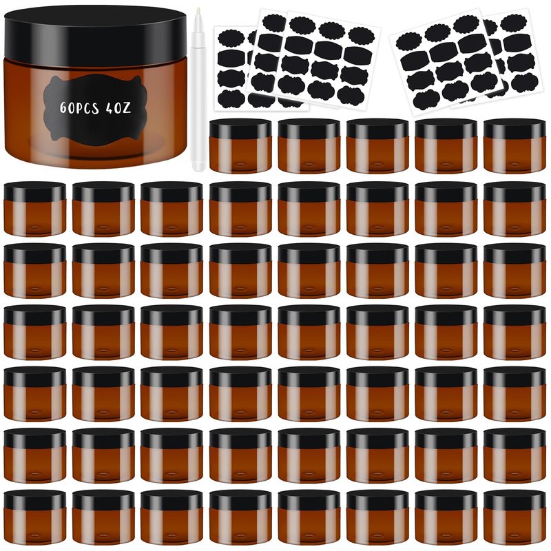 Dandat Amber Plastic Jars with Lids Refillable Round Storage Container with Labels and Pen Christmas Small Empty Travel Jar for Lotion Gel Essential Oil Body Powders Ointments(4 oz, 121 Pcs)