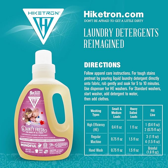 Hiketron Dainty Fresh For Babies Liquid Laundry Detergent, 5x Ultra Concentrated, Tough Stains Remover, Long Lasting Scent (40 Fl Oz, Pack of 1)
