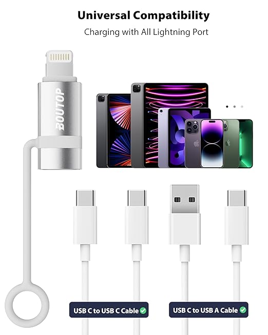 BOUTOP [MFi Certified] 36W USB C to Lightning Adapter, Support PD Fast Charging Compatible with iPhone iPad Airpods, with Anti-Lost Holder Silver -2 Pack