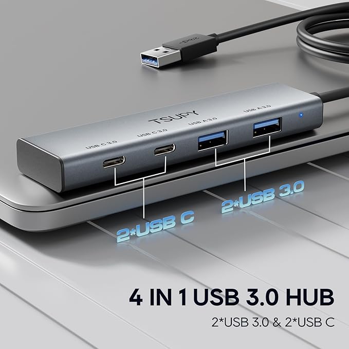 USB 3.0 Splitter HUB with 2 USB-C & 2 USB-A Port,Multi USB C USB A 3.0 Hub with 4FT Extended Cable,4 Ports USB Extender Multi USB Port Hub for Laptop, PC, Flash Drive, HDD,Printer, Mouse, Keyboard