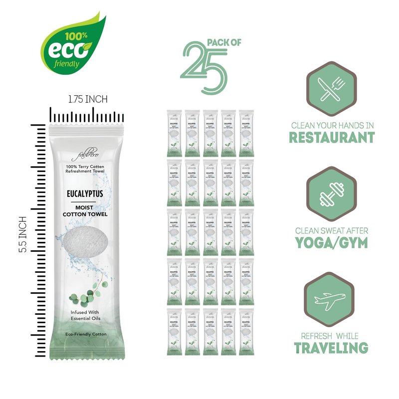 FabbPro Oshibori Moist Terry Cotton Refreshment Towels (25 Pack, 8 x 8 Inches) - White Scented Pre-moistened Towel to Use Hot or Cold (Eucalyptus)