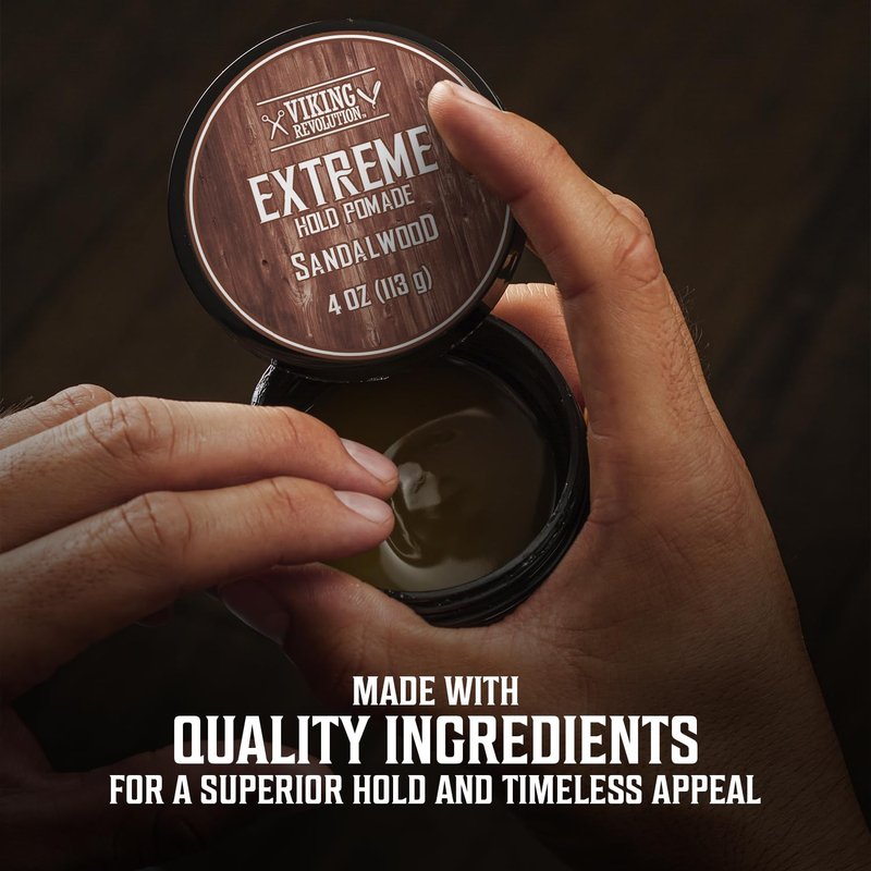 Viking Revolution Sandalwood Hair Pomade for Men - Extreme Hold Water-Based Hair Gel - Extra Firm Strong Hold With High Shine - Mens Pomade (4oz)