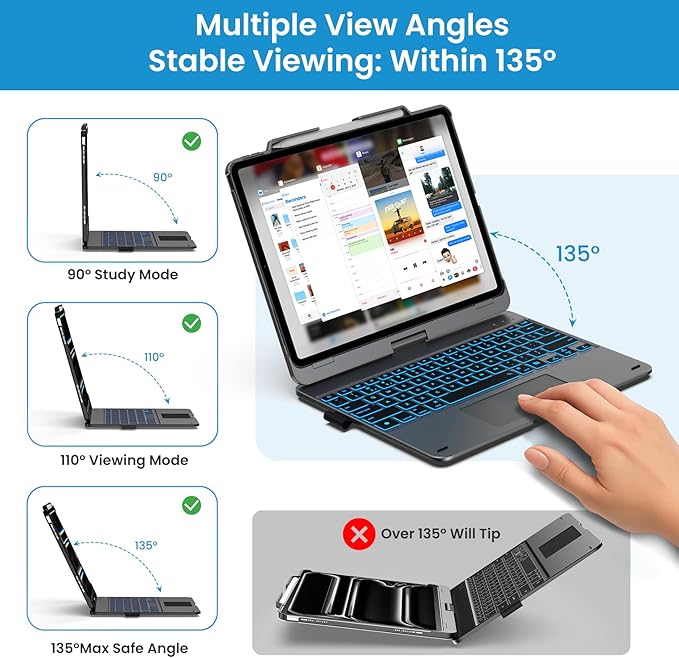 typecase Touch Case with Keyboard for iPad Pro 13"(M5/M4, 2025/2024), iPad Air 13"(M4/M3/M2, 2026/2025/2024) & iPad Pro 12.9", Trackpad, 360° Rotatable, 11-Colors Backlit, Space Black