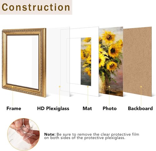 JCJMY Vintage Picture Frame - Elegant 8x10 Frame with 5x7 Mat | Shatter-Resistant Plexiglass, Gold Finish