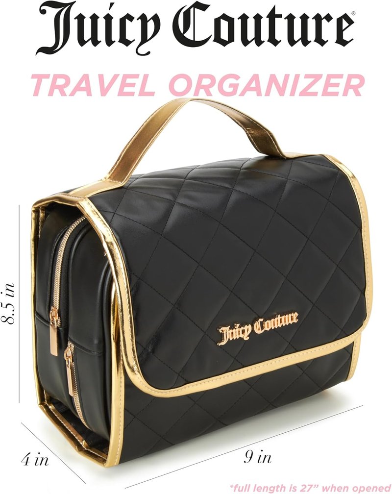 Juicy Couture Black Makeup Bag - Faux Quilted Leather Cosmetics Organizer with Hanging Hook | Travel Essentials