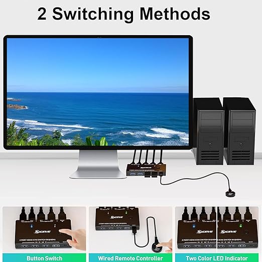 KCEVE HDMI2.1 KVM Switch 2 Computer 1 Monitor 8K@60Hz, KVM Switch HDMI 2 Port with 3 USB3.0, Wired Remote and Power Adapter (8K HDMI 2 in 1 Out KVM)