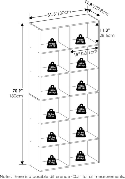 Furinno 12-Cube Bookshelf - Open Shelf Bookcase & Cube Storage Organizer | Plain White, 12 x 32 x 71