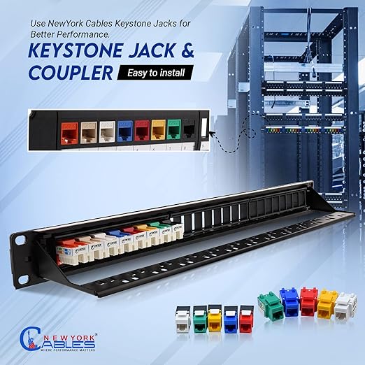 NewYork Cables 24 Port Blank Keystone Patch Panel 1U 19 Inch Rack Mount, Snap-in Modular Design, Cat6 Network Ethernet Panel, Heavy Duty Steel, for Server Racks, Supports Slim Keystone Jacks Only