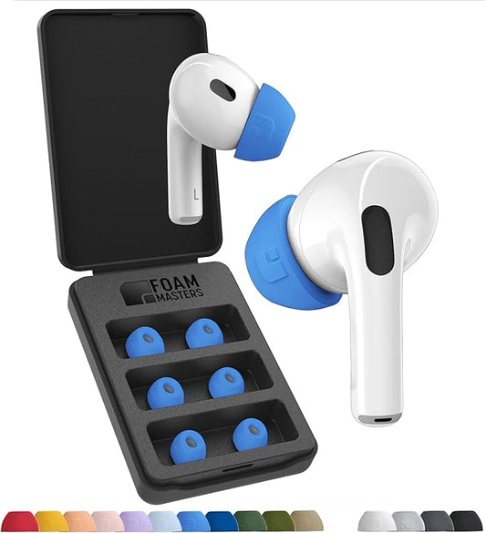 Foam Masters Ultra-Premium Memory Foam Ear Tips for AirPods Pro 1st & 2nd Gen | 3 Pairs | New Ver. | Secure Fit | Super Comfort | Better Noise Cancel | Replacement Buds (Large, Supercar Blue)
