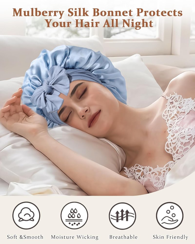 Mulberry Silk Bonnet for Sleeping | Double Layer Reversible Hair Wrap - Haze Blue & Sky Blue