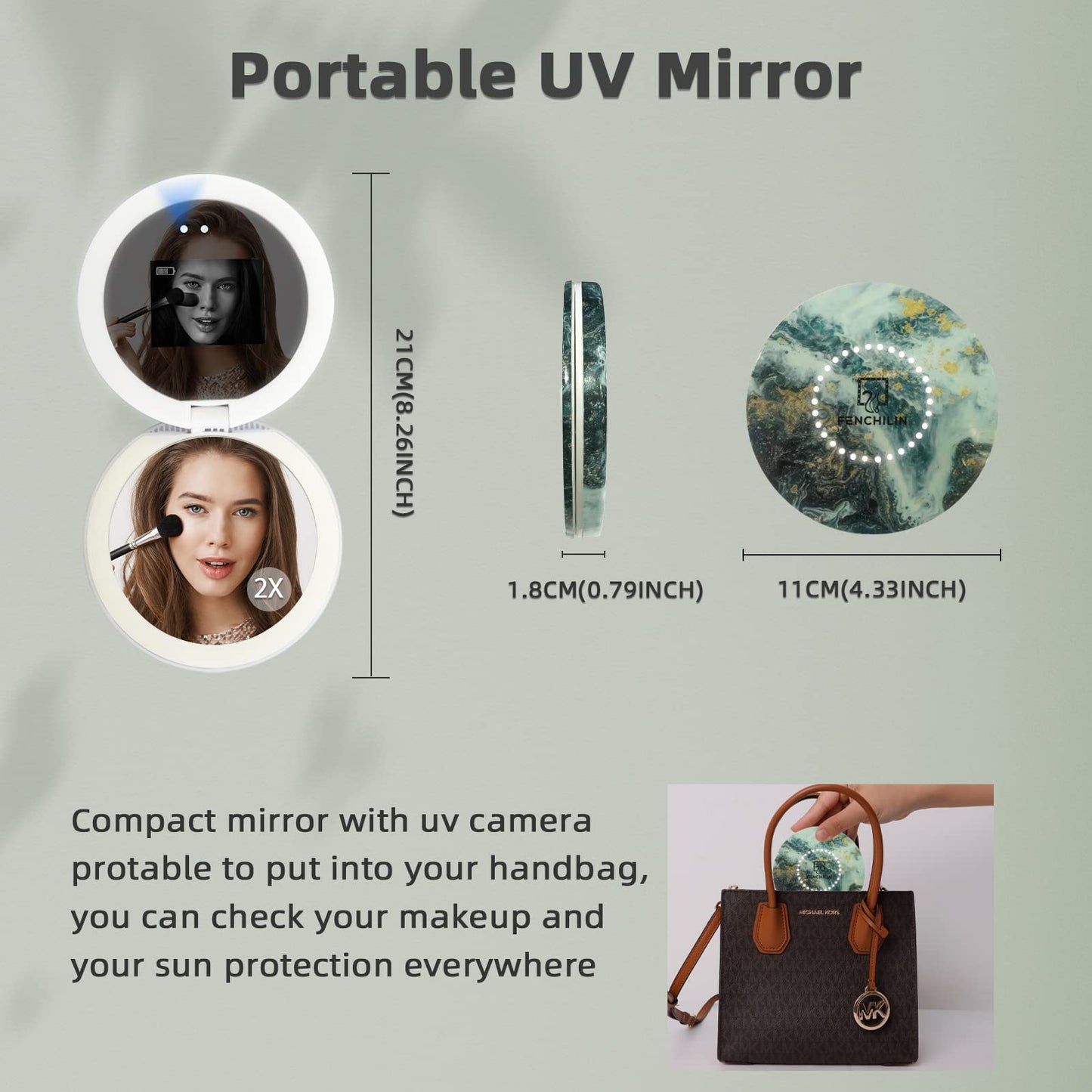 FENCHILIN Compact UV Mirror for Sunscreen Skin Care, 2X Magnification Handheld Double-Sided Illuminated Mirror with Built-in UV Camera, 4.3 Inch Foldable Travel Mirror