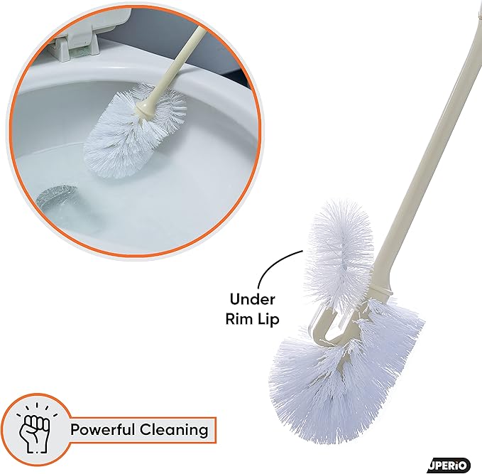 Superio Toilet Bowl Brush and Holder with Under Rim Cleaner for Bathroom, Toilet Brush and Caddy with Non Scratch Bristles and Under Rim Lip Brush, Beige (2 Pack)