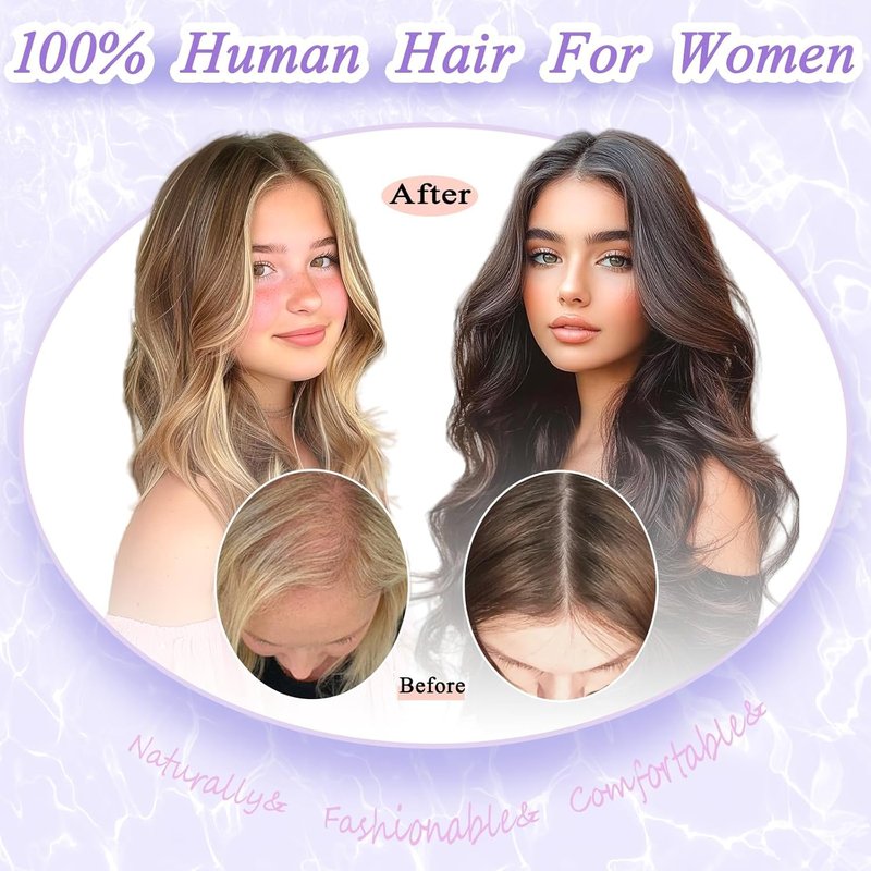 Hair Toppers for Women, 20 Inch Hand Tied Breathable Toppers Hairpieces for Women with Thinning Crown Middle Part Bangs Mix Human Hair Wavy Curly Lightweight Wiglets (Ombre Dark Root to Blonde)
