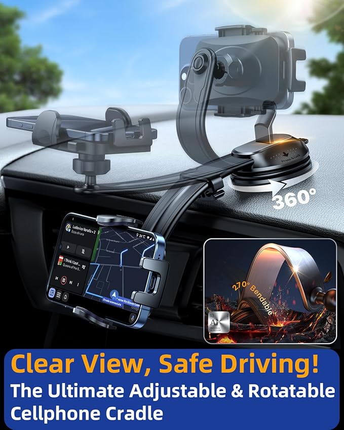 YRU 2026 Ultimate Car Phone Holder Mount Bendable & Adjustable Aluminum Arm Cell Phone Holder for Car Dashboard Windshield Phone Stand for iPhone 17 16 15 14 Pro Max Samsung Pickup Truck,Dark Silver