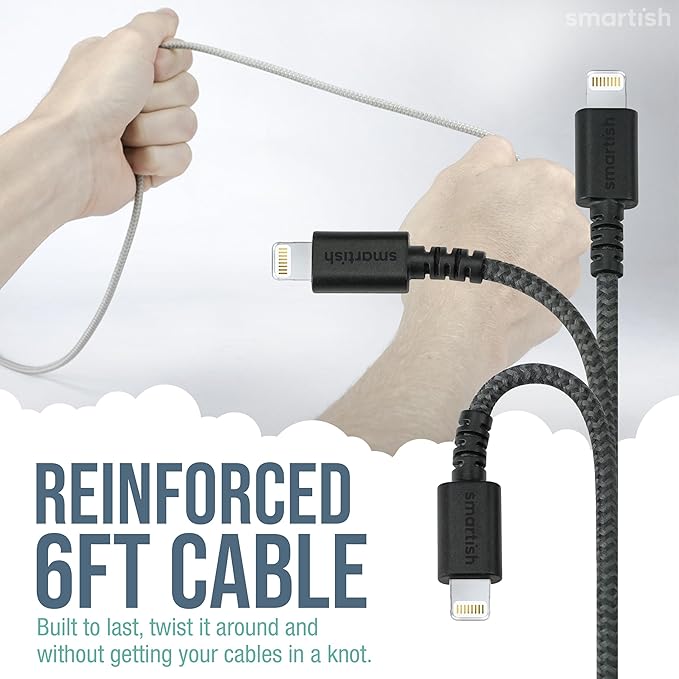 Smartish USB-C/Lightning Cable 17/16/15/14/13/12 - Crown Joule - 6 Foot Universal Fast Fabric Wrapped Charging Cable w/Micro-USB - MFi Certified 13/12/SE/iPad/AirPods/Android - Tan